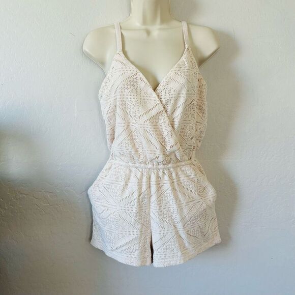 Forever 21 Pants - Forever 21‎ cream lined crochet wrap top romper with pockets size S